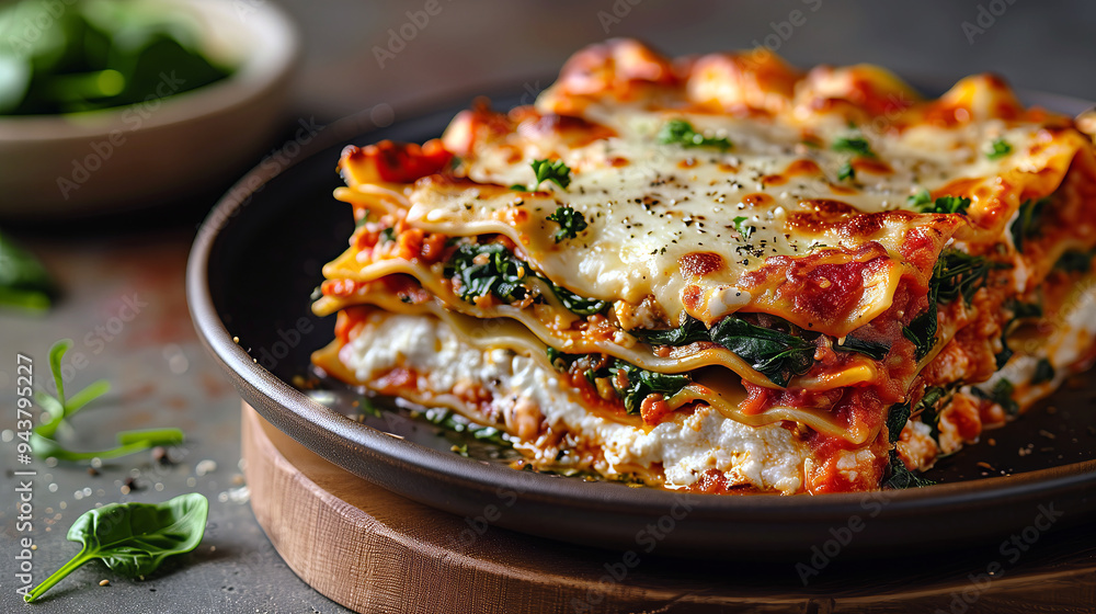 Spinach Lasagna: Layered lasagna noodles with a filling of ricotta cheese, spinach, marinara sauce, and mozzarella cheese. Spinach Lasagna: Layered lasagna noodles with a filling of ricotta cheese, spinach, marinara sauce, and mozzarella cheese.
