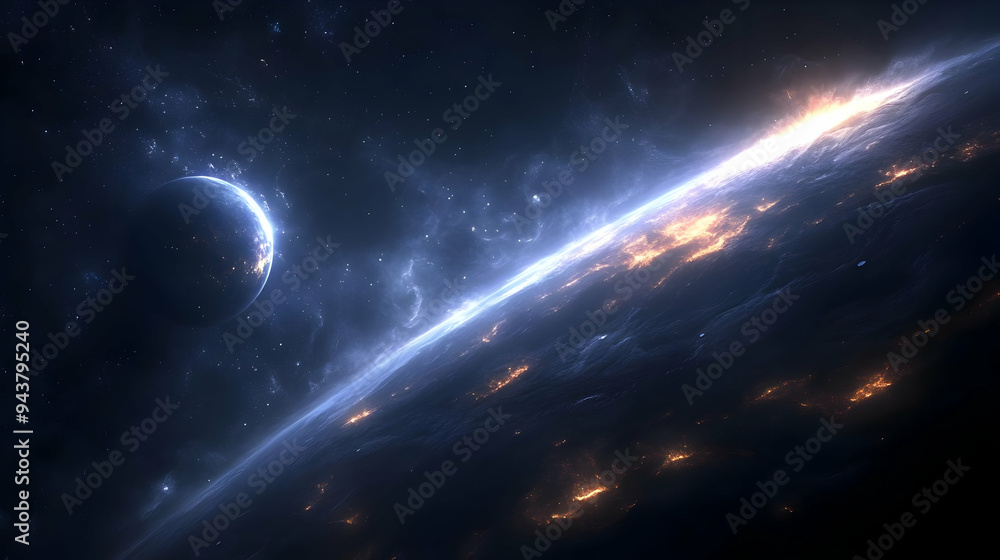 A vibrant, blue planet with a glowing horizon and a smaller planet in the distance, all set against a backdrop of a starry night sky. A vibrant, blue planet with a glowing horizon and a smaller planet in the distance, all set against a backdrop of a starry night sky.