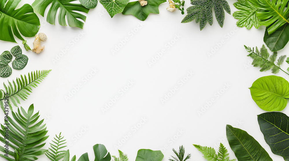 Naklejka premium High-definition photography poster, a tropical shrub plant on the left side of the picture, white background, natural light, super definition, high saturation, bright and clean colors,