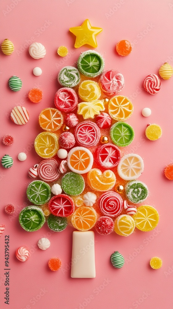 Festive candy Christmas tree made of colorful fruit-shaped sweets on pink background. Creative holiday confectionery flat lay composition. Festive candy Christmas tree made of colorful fruit-shaped sweets on pink background. Creative holiday confectionery flat lay composition.