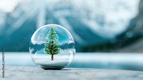 Close-up of a snow globe with a tree inside, set against a serene winter landscape background with snowy mountains and a calm, icy lake.