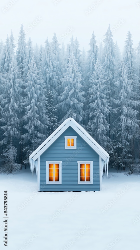 A cozy blue house amidst a snowy forest, showcasing warmth through its illuminated windows in a tranquil winter landscape.