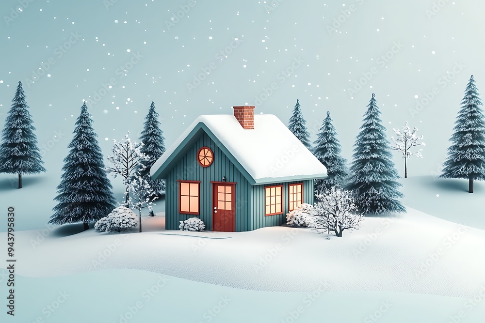 Serene Winter Wonderland Lodge: Minimalist 3D Illustration of Cozy Forest Retreat with Abstract Snowflakes and Frosty Trees Serene Winter Wonderland Lodge: Minimalist 3D Illustration of Cozy Forest Retreat with Abstract Snowflakes and Frosty Trees