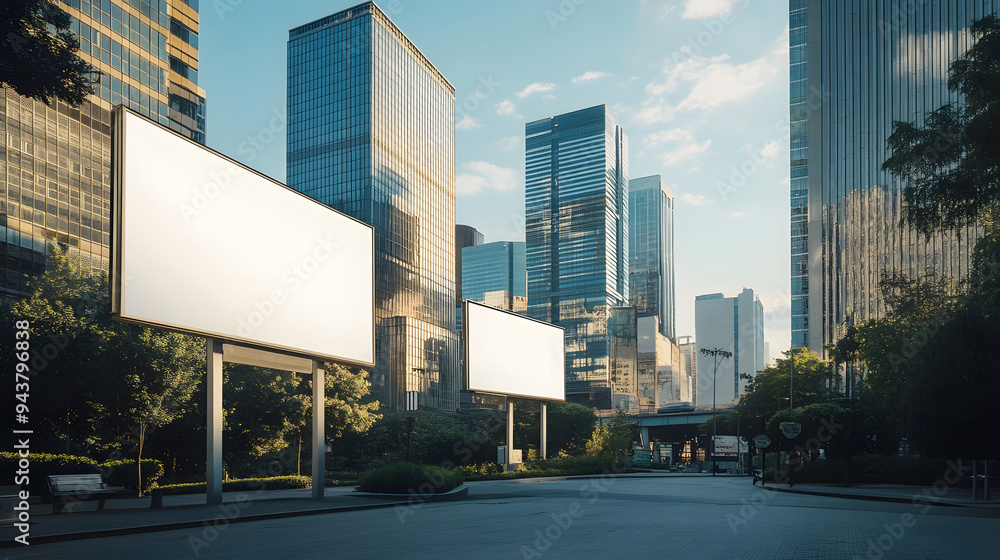Large Blank Billboards in Urban Cityscape with Skyscrapers Large Blank Billboards in Urban Cityscape with Skyscrapers