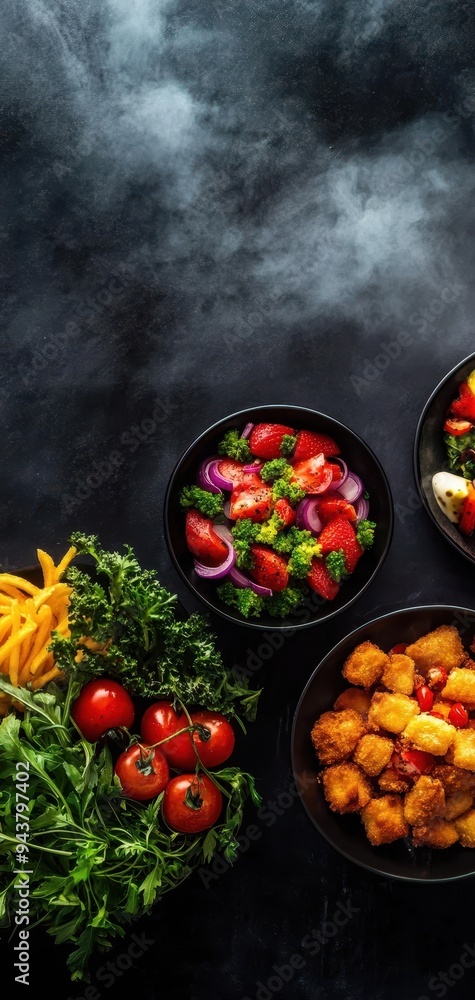 A vibrant display of fresh salad ingredients in elegant bowls on a dark background, ideal for culinary and health-related themes. A vibrant display of fresh salad ingredients in elegant bowls on a dark background, ideal for culinary and health-related themes.