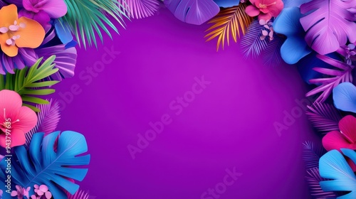 A vibrant floral frame featuring colorful flowers and tropical leaves against a bold purple background. Perfect for invitations.