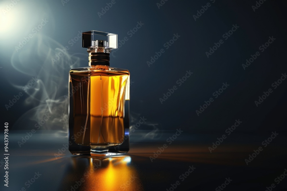 Luxury men`s perfume in bottle against black background. Space for text Luxury men`s perfume in bottle against black background. Space for text
