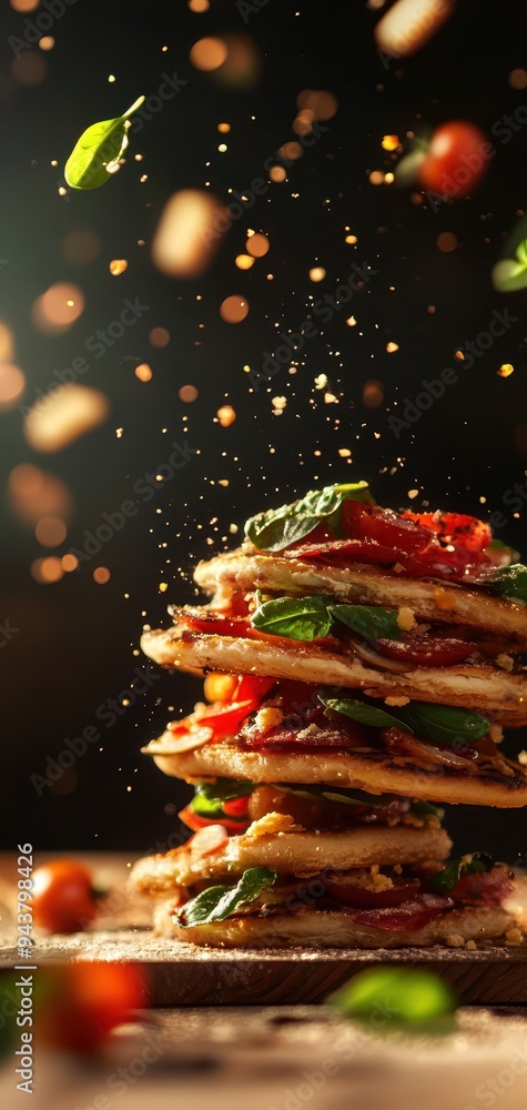 A vibrant stack of flavorful pancakes topped with fresh ingredients, gently sprinkled with herbs, and captured in a dynamic, moody setting. A vibrant stack of flavorful pancakes topped with fresh ingredients, gently sprinkled with herbs, and captured in a dynamic, moody setting.