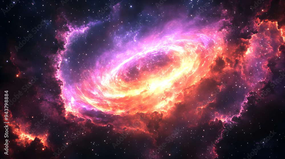 A vibrant, swirling nebula with bright, fiery hues against a dark starry backdrop. A vibrant, swirling nebula with bright, fiery hues against a dark starry backdrop.