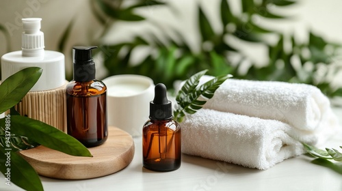 Spa-inspired wellness setup featuring essential oil bottles, plush white towels, and lush green plants, creating a serene and natural beauty atmosphere.