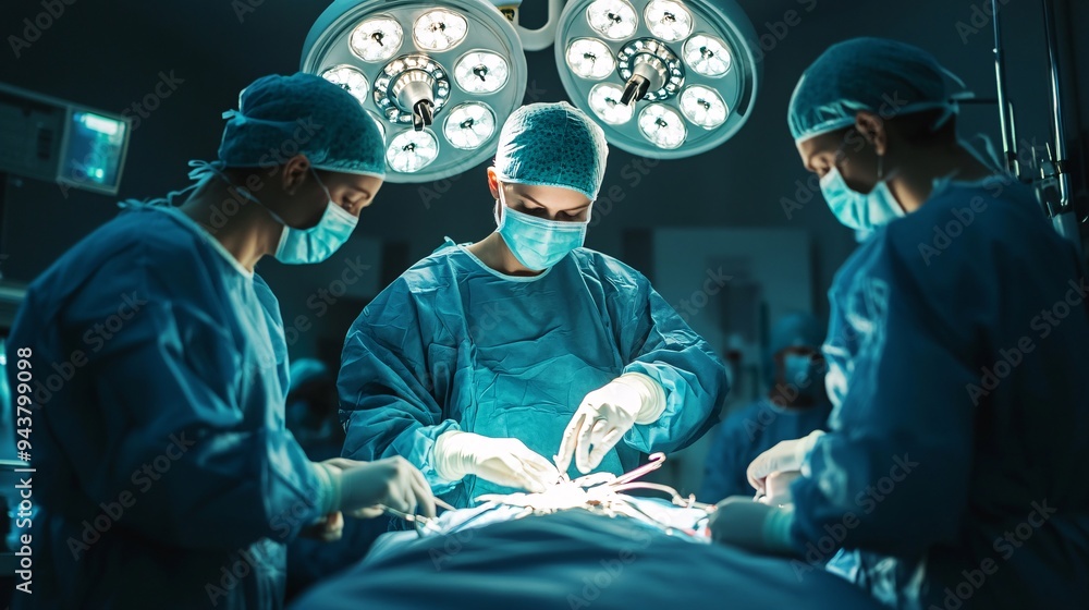 A medical team focused and working in perfect harmony during a complex surgical procedure A medical team focused and working in perfect harmony during a complex surgical procedure
