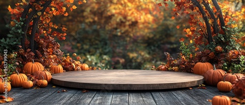 Festive Thanksgiving Empty Podium leaves and pumpkin Ready for Speech Autumnal Setting with Pumpkins and Garlands For product presentation