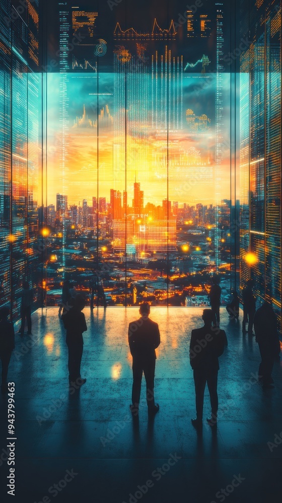 Silhouetted Figures Looking Out at a Cityscape Through a Window with Digital Overlays Silhouetted Figures Looking Out at a Cityscape Through a Window with Digital Overlays