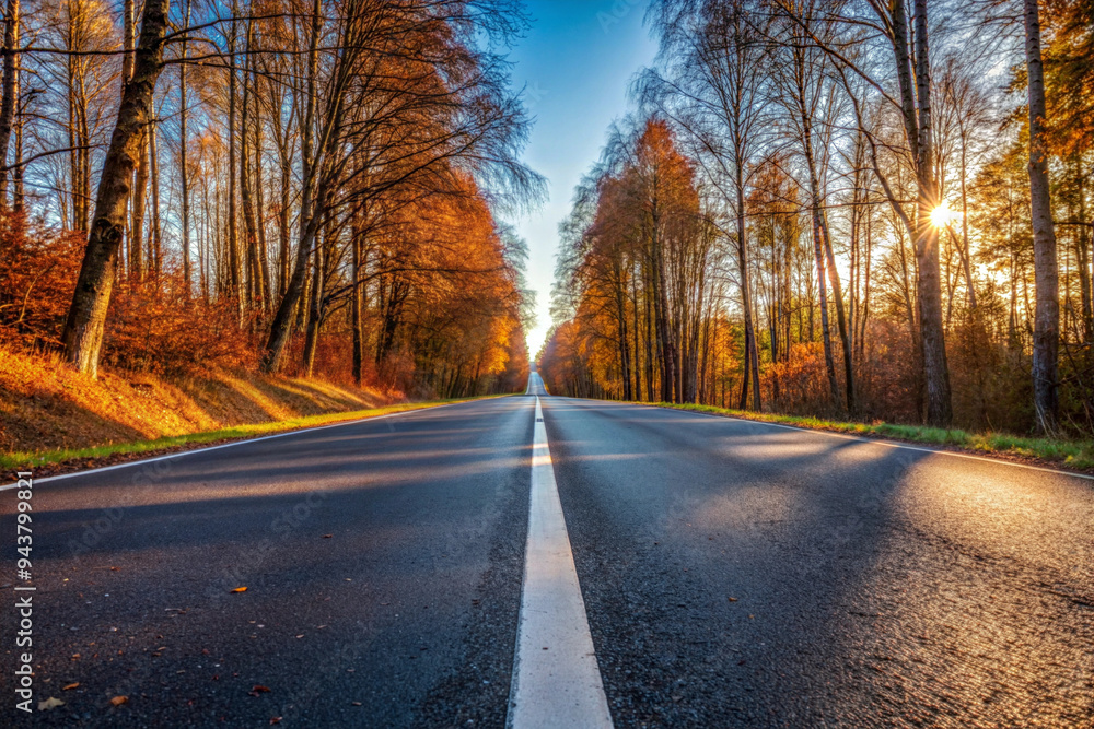Empty Asphalt road with single white lane runs through the forest in the autumn sunset. Empty Asphalt road with single white lane runs through the forest in the autumn sunset.