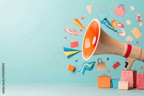 The image depicts a megaphone with colorful paper art shopping bags, hearts, stars, and shapes bursting out against a teal background, symbolizing an announcement or promotion.