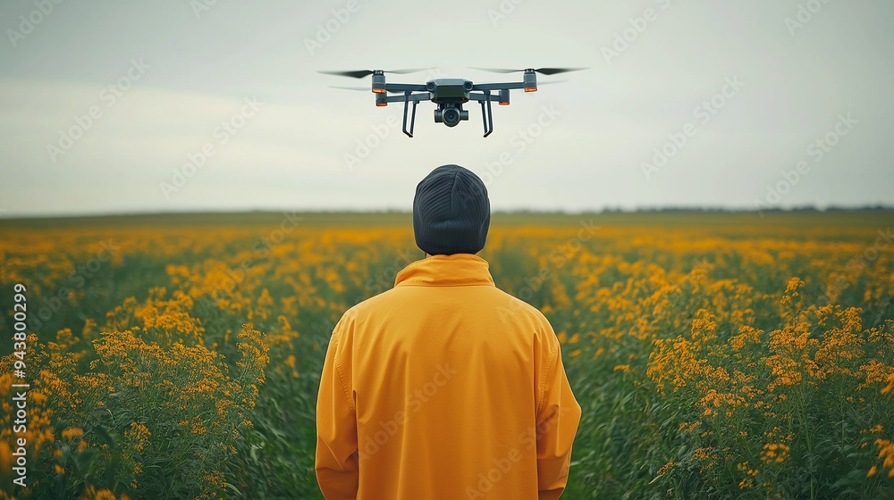 Man operating drone in a yellow flower field Man operating drone in a yellow flower field