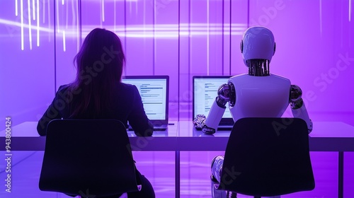 A female employee in an elegant suit and a humanoid AI sit side by side in a chair and work on a laptop. Artificial Intelligence and the concept of people and employment. Purple background