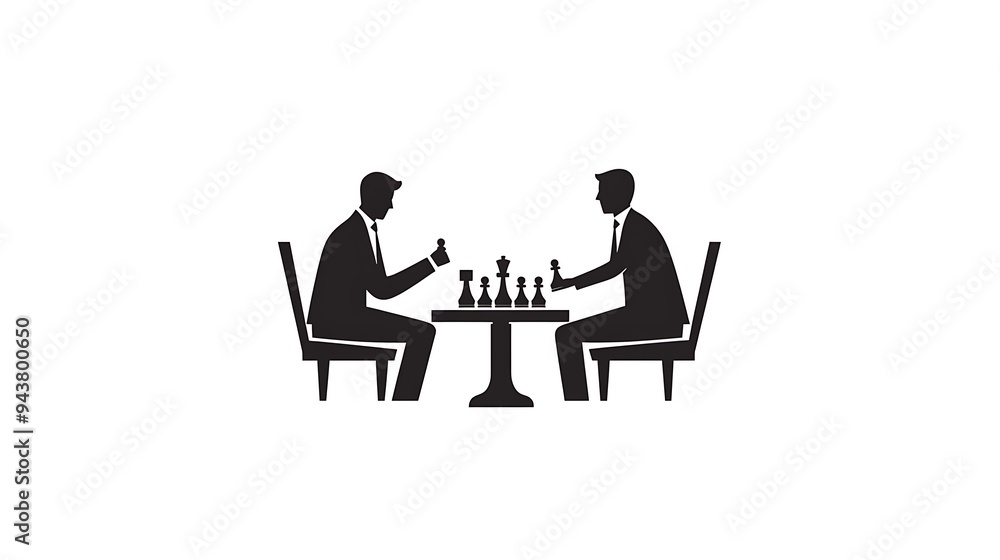 Strategic Chess Move - Minimalist Vector Logo Design of Two People Playing Chess in Formal Attire on White Background Strategic Chess Move - Minimalist Vector Logo Design of Two People Playing Chess in Formal Attire on White Background