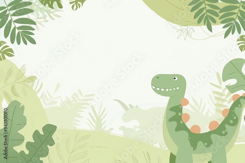 Fototapeta Naklejka Na Ścianę i Meble -  Cute dinosaur illustration with leafy green jungle background in a playful, pastel color palette