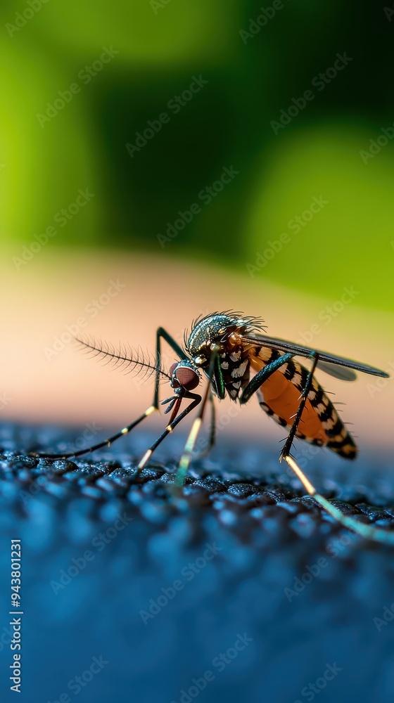 Close-up of a mosquito feeding on a surface, showcasing intricate details of its body and wings in a vibrant, natural setting. Close-up of a mosquito feeding on a surface, showcasing intricate details of its body and wings in a vibrant, natural setting.