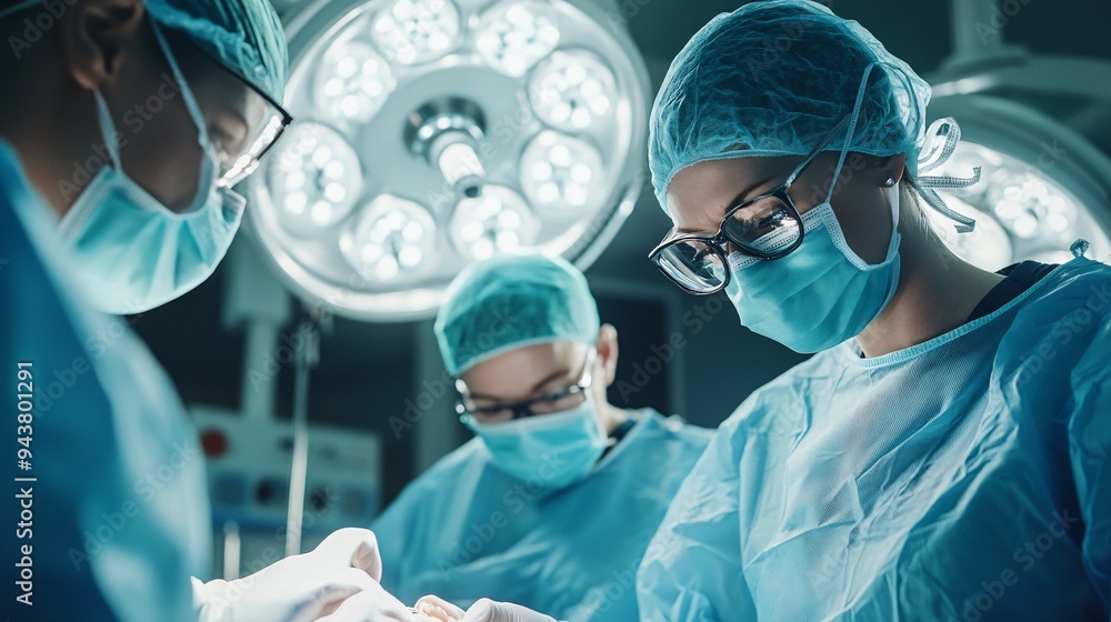 A surgical team wearing masks and scrubs, concentrating on a delicate procedure A surgical team wearing masks and scrubs, concentrating on a delicate procedure