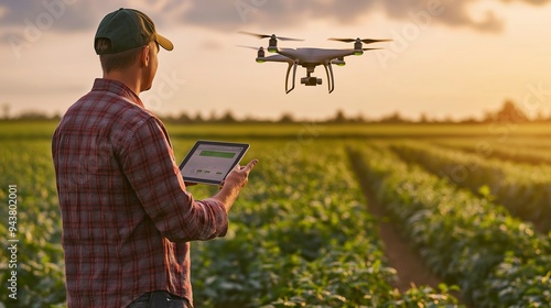 A farmer using a tablet to control a drone over a crop field during a golden sunset. photo