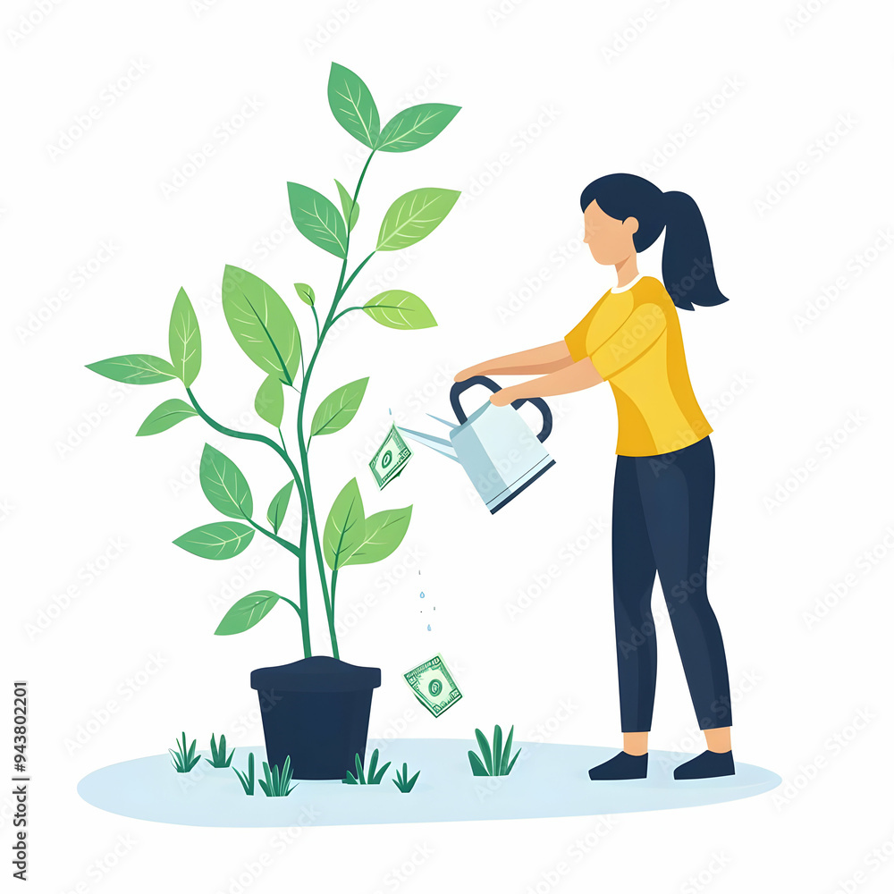 Person Watering Money Plant concept as A person watering a plant growing money with a clean background offering ample space for text or graphics symbolizing financial growth through sustainable practi Person Watering Money Plant concept as A person watering a plant growing money with a clean background offering ample space for text or graphics symbolizing financial growth through sustainable practi