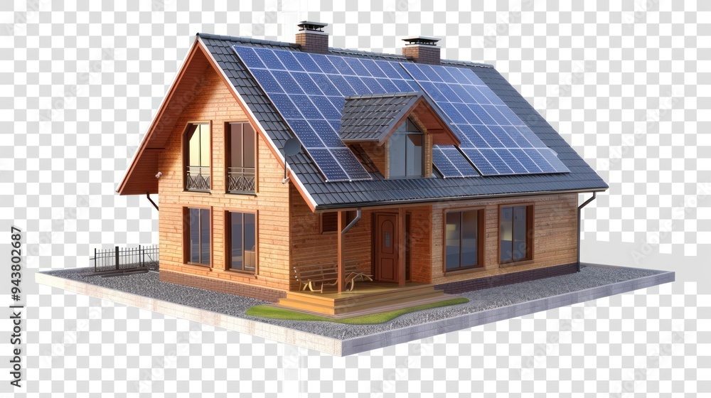 3D model of family house with solar panels on the roof, on transparency background PNG 3D model of family house with solar panels on the roof, on transparency background PNG