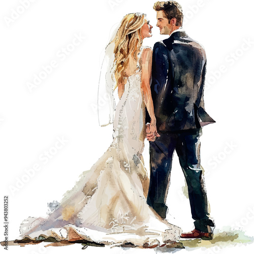 Watercolor couple of newlyweds looking at each other