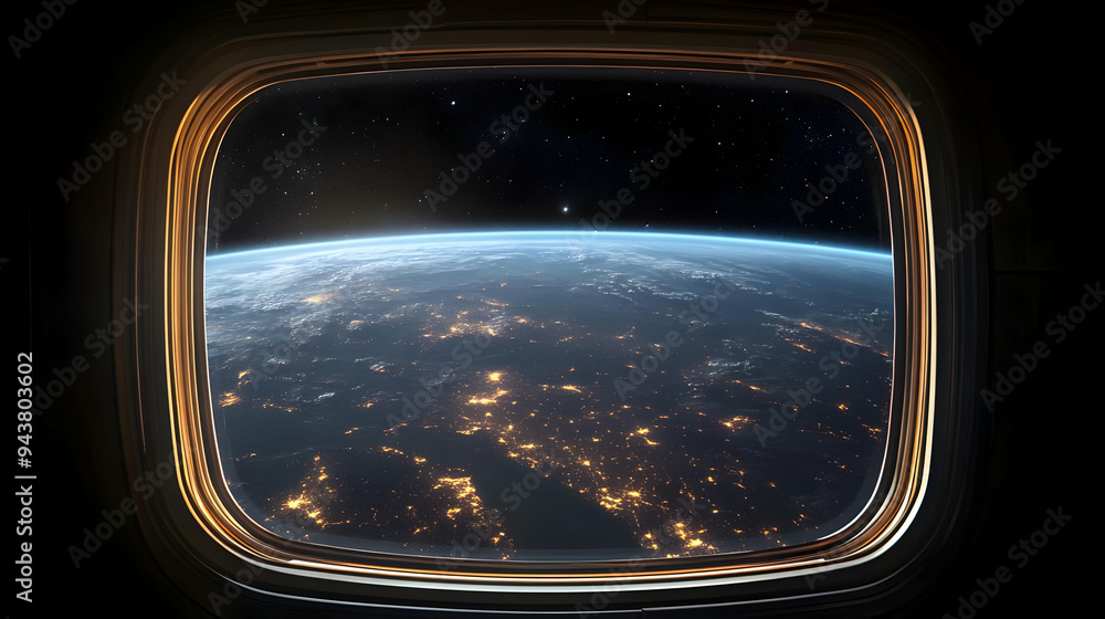 A view of Earth from a spacecraft window, showing a vast expanse of clouds, land, and city lights. A view of Earth from a spacecraft window, showing a vast expanse of clouds, land, and city lights.