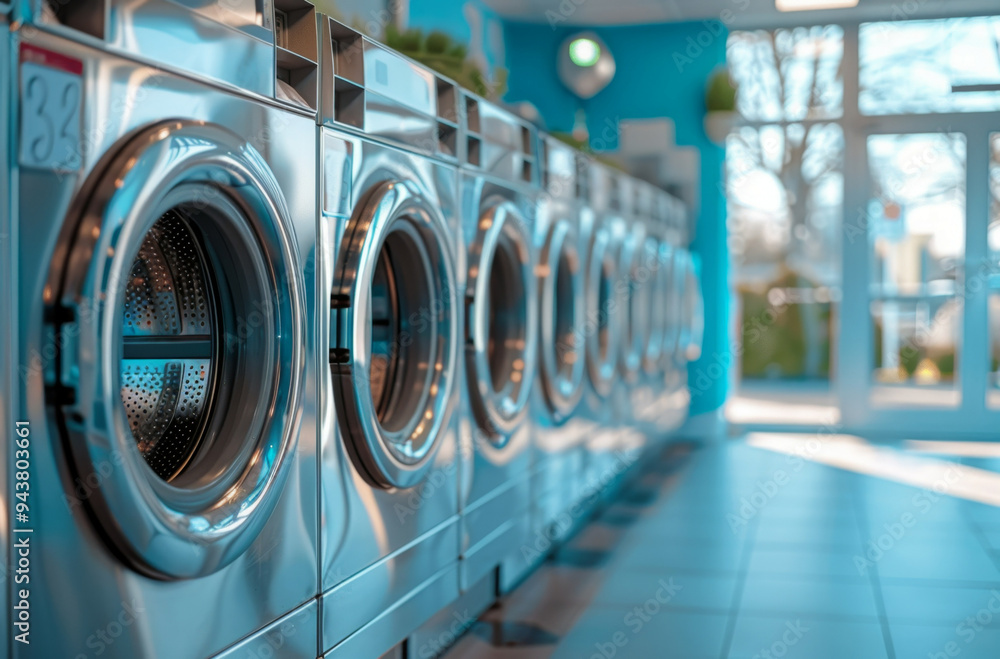 A row of industrial washing machines in a public laundromat. A row of industrial washing machines in a public laundromat.