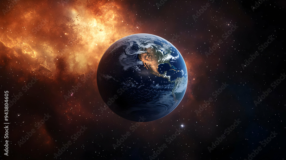 Fototapeta premium A view of Earth from space against a backdrop of stars and a nebula.