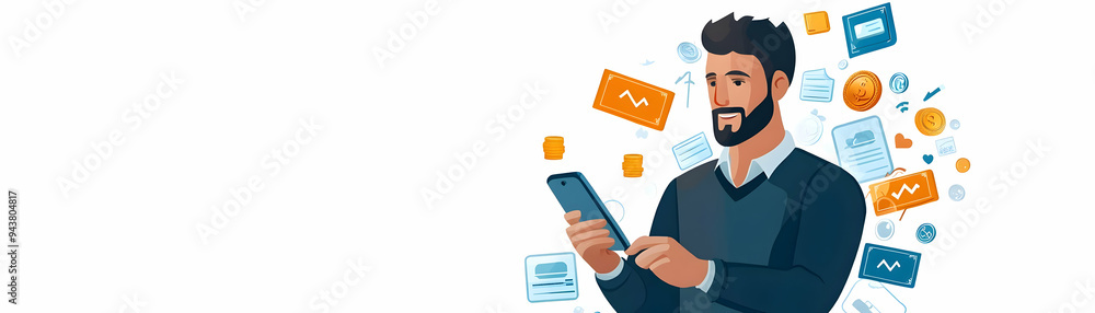Man Using Mobile Banking for Savings concept as A man using a mobile banking app on his smartphone to manage savings with a blank background offering space for additional text or design elements. in Man Using Mobile Banking for Savings concept as A man using a mobile banking app on his smartphone to manage savings with a blank background offering space for additional text or design elements. in