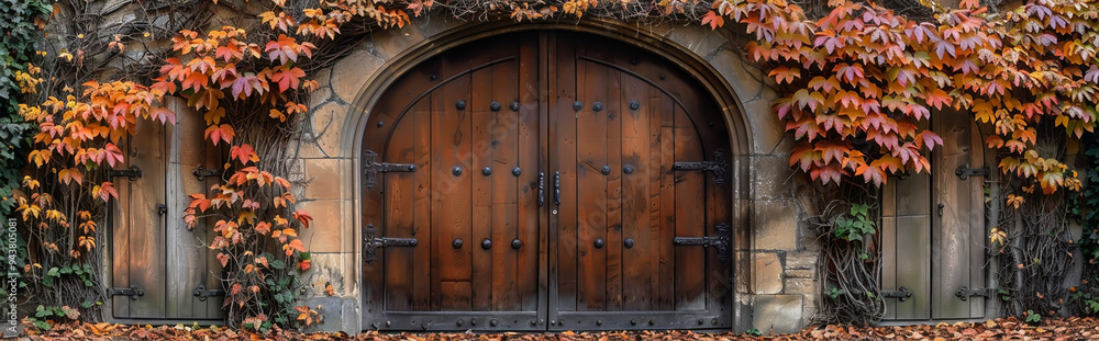 Rustic Wooden Door with Autumn Leaves on Stone Wall - Charming Medieval Architecture in Vibrant Fall Colors Rustic Wooden Door with Autumn Leaves on Stone Wall - Charming Medieval Architecture in Vibrant Fall Colors
