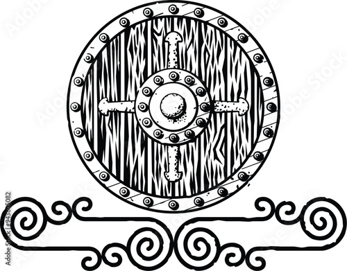 Celtic Curved Spiral Lines Border, Header, Footer - Round Medieval Shield