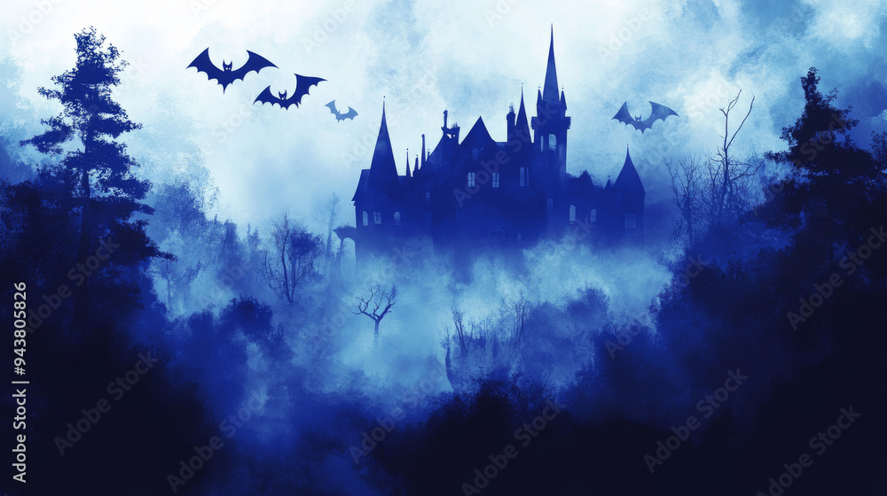 Obraz premium A dilapidated mansion, shrouded in dense mist, stands as bats swoop around its haunted turrets.