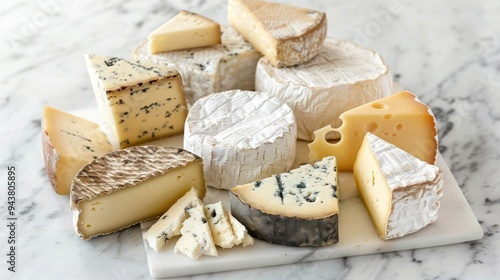 Artisanal cheese platter, white marble tabletop, variety of cheeses, brie, blue cheese, gouda, camembert, cheese wheel slices, soft and hard cheeses, rich textures, food styling.