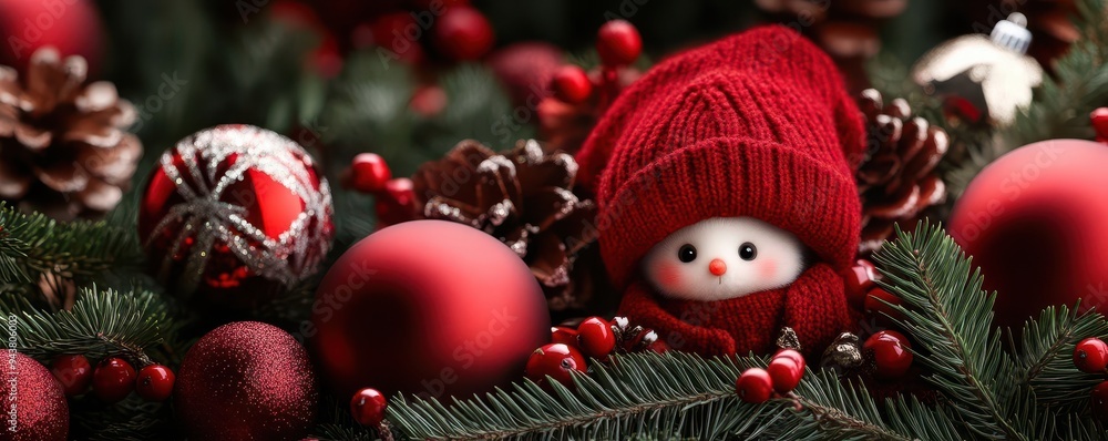 Christmas gnome figurine with ornaments on green background. Christmas gnome figurine with ornaments on green background.
