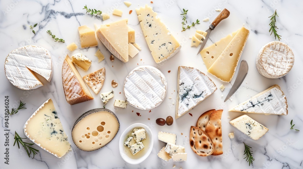 Artisanal cheese platter, white marble tabletop, variety of cheeses, brie, blue cheese, gouda, camembert, cheese wheel slices, soft and hard cheeses, rich textures, food styling. Artisanal cheese platter, white marble tabletop, variety of cheeses, brie, blue cheese, gouda, camembert, cheese wheel slices, soft and hard cheeses, rich textures, food styling.