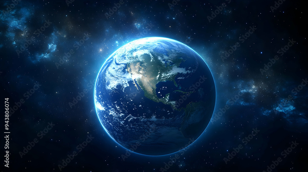 Naklejka premium A view of Earth from space, showing the continents, oceans, and clouds.