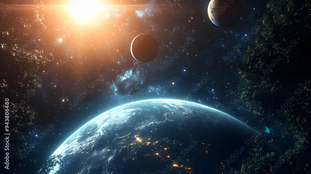 Obraz premium A view of Earth from space, with a bright sun and a distant planet.