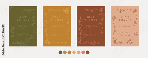 Collection of 4 thanksgiving card invitation templates. Whimsical autumn frames in line art style, cozy autumn palette. Fall wedding party invitation. A4 card size. Vector hand drawn graphic set