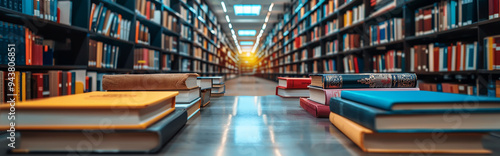 Cozy Study Time: Books Stacked on Table in Extensive Library With A Bright And Warm Atmosphere photo