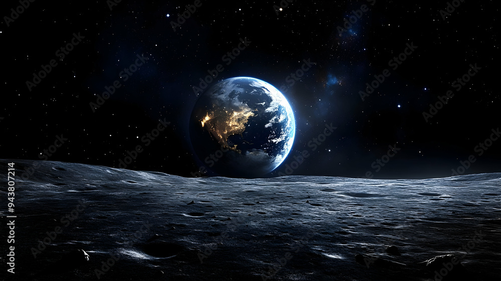 A view of Earth from the moon's surface, with stars in the background. A view of Earth from the moon's surface, with stars in the background.