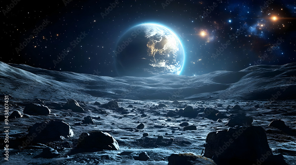 A view of Earth from the surface of the moon with stars and a galaxy in the background. A view of Earth from the surface of the moon with stars and a galaxy in the background.