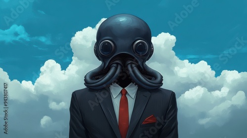 Surreal illustration of a businessman with an octopus mask against a cloudy sky, blending nature and corporate themes. photo