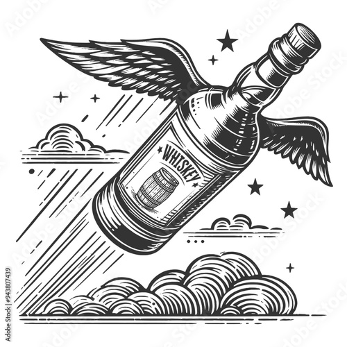 whiskey bottle with wings, soaring through the sky among clouds and stars, fantasy with vintage style sketch engraving generative ai vector illustration. Scratch board imitation. Black and white image