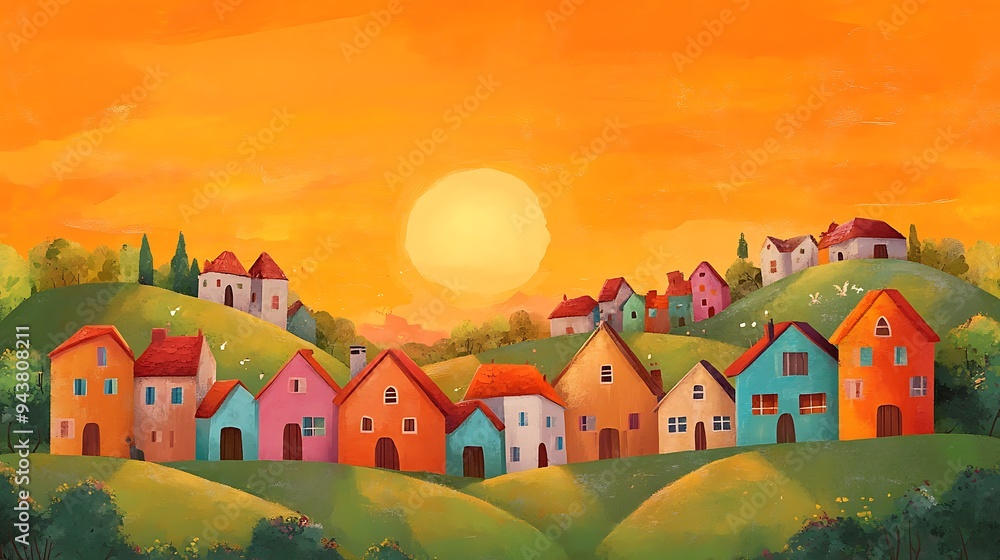 Naklejka premium Charming Cartoon Village: Colorful Houses and Rolling Hills under a Vibrant Orange Sunset Sky - Digital Painting with Cute and Simple Style