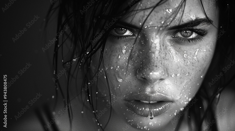 Intense Close-Up Portrait of a Wet-Faced Woman with Freckles and Water Droplets in Black and White Intense Close-Up Portrait of a Wet-Faced Woman with Freckles and Water Droplets in Black and White