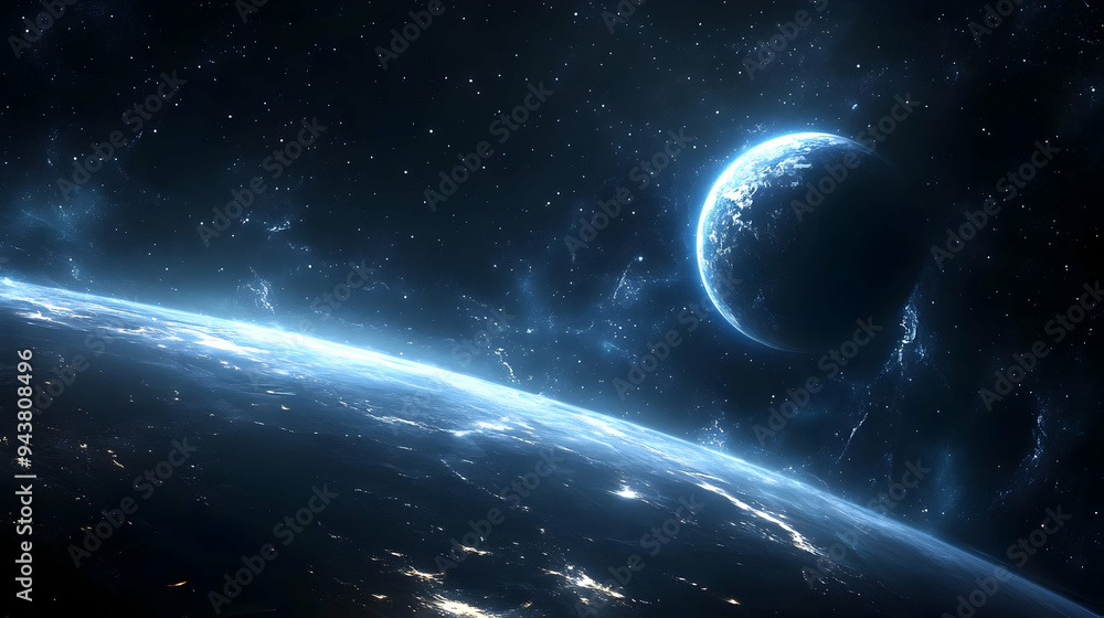 Obraz premium A view of planet Earth with a bright blue moon in the background.